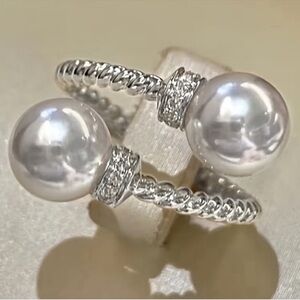 Silver Tone and Faux Pearl Rhinestone Wrap Adjustable Ring Vintage Bridal New